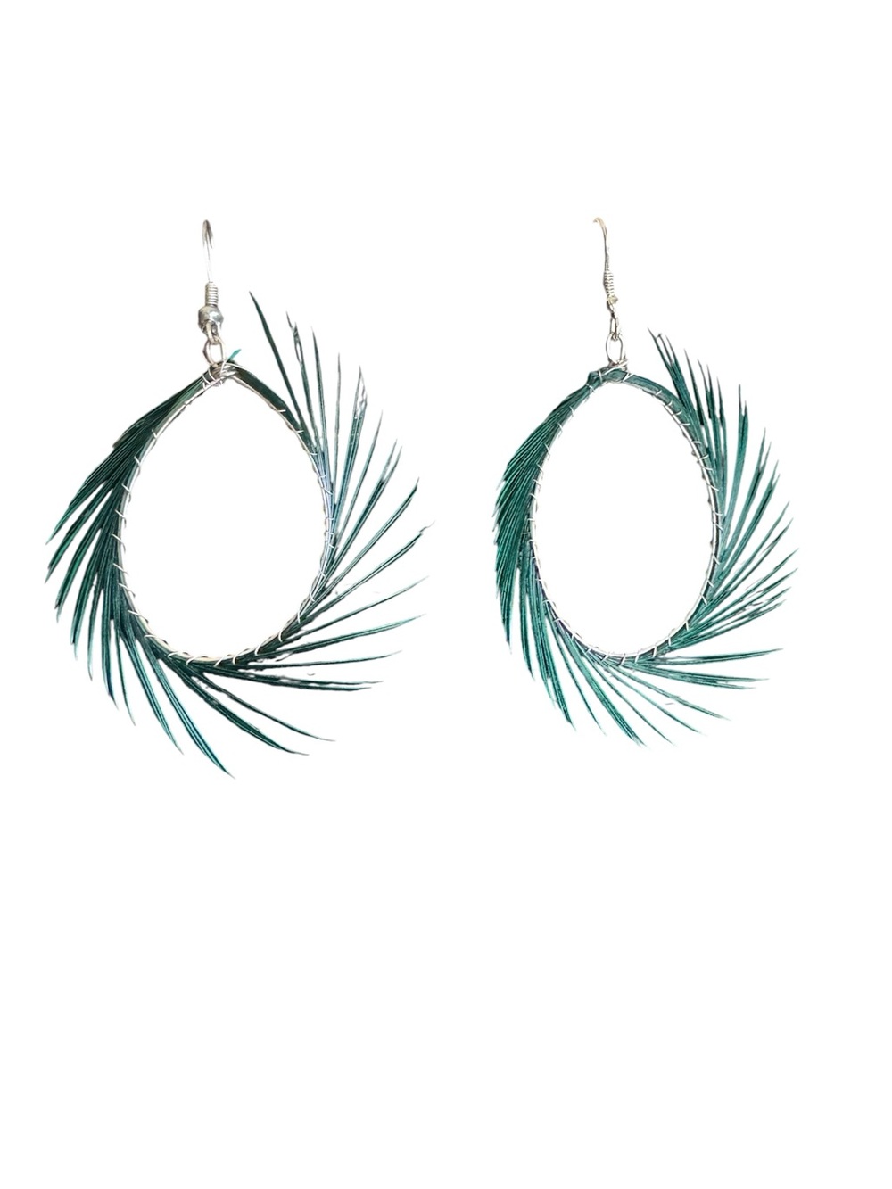 Handmade Green Feather Wire Wrapped Hoop Boho Statement Earrings - Picture 3 of 3